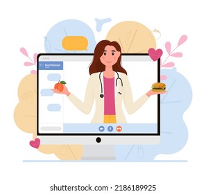A Female Nutritionist On The Monitor Screen. Online Course. Nutrition And Diet Therapy, Medical Consultation Online.