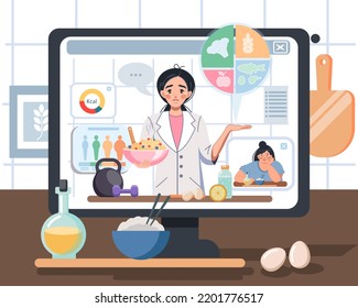 Female Nutritionist On Monitor Screen Consults Stock Vector (Royalty ...