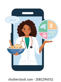 A female nutritionist on the smartphone screen. A mobile application with health monitoring. Online course. Weight loss, medical consultation online. Vector illustration in cartoon style