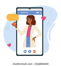 A Female Nutritionist On The Smartphone Screen. Online Course. Nutrition And Diet Therapy, Medical Consultation Online.