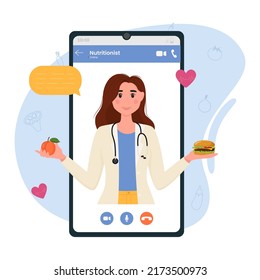 A Female Nutritionist On The Smartphone Screen. Online Course. Nutrition And Diet Therapy, Medical Consultation Online.