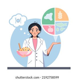 A Female Nutritionist With A Plate Of Hot Porridge In Her Hands Conducts A Nutrition Seminar. An Online Service Or Platform For Nutritionists. Online Course. Vector Illustration In Cartoon Style