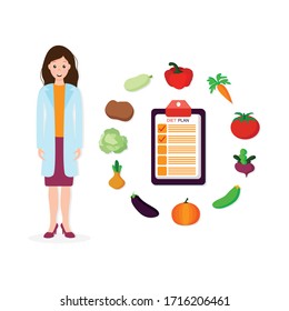 Female nutritionist prescribing nutrition schedule isolated cartoon character on white background. vector illustration