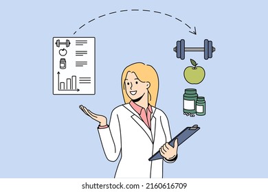 Female nutritionist recommend healthy eating and doing sports for good health and shape. Smiling woman dietician create diet plan for client. Weight loss and wellness. Vector illustration. 