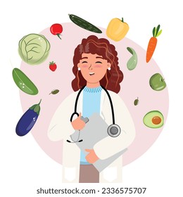 Female nutritionist with a thumb up recommending to eat fresh organic food. Healthy life, food, health, diet concept illustration. 