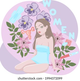 female objects are arranged around a young beautiful girl. women's health and hygiene of the female reproductive system.