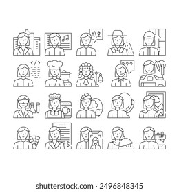 Female Occupation Collection Icons Set Vector. Doctor And Musician, Interpreter And Farmer, Architect And Judge Woman Occupation Black Contour Illustrations