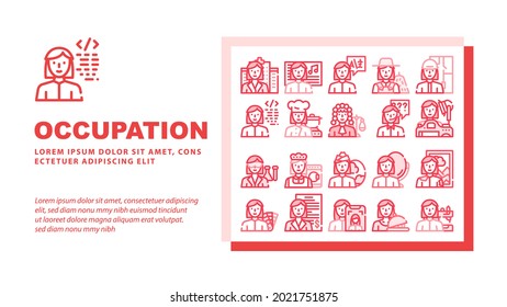 Female Occupation Landing Web Page Header Banner Template Vector. Doctor And Musician, Interpreter And Farmer, Architect And Judge Woman Occupation Illustration