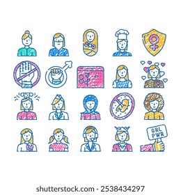 female occupation and profession doodle icons set vector. sketch line art female stewardess and call center worker, queen and sportswoman, woman love and broken heart, young girl color illustrations