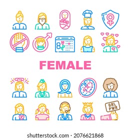 Female Occupation And Profession Icons Set Vector. Female Stewardess And Call Center Worker, Queen And Sportswoman, Woman Love And Broken Heart, Young Girl And Bearded Lady Line. Color Illustrations