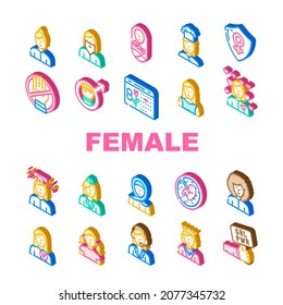 Female Occupation And Profession Icons Set Vector. Female Stewardess And Call Center Worker, Queen And Sportswoman, Woman Love Broken Heart, Young Girl Bearded Lady Isometric Sign Color Illustrations