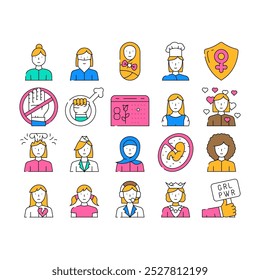 Female Occupation And Profession Icons Set Vector. Female Stewardess And Call Center Worker, Queen And Sportswoman, Woman Love And Broken Heart, Young Girl And Bearded Lady color Contour Illustrations