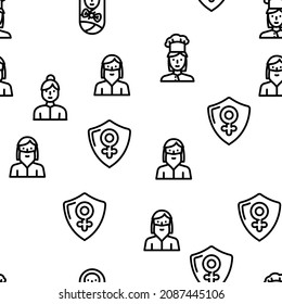 Female Occupation And Profession Vector Seamless Pattern Thin Line Illustration