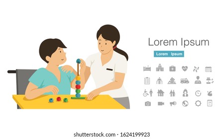 female occupational therapist with disability boy play a toy together. Cartoon character design with medical rehabilitation icon set