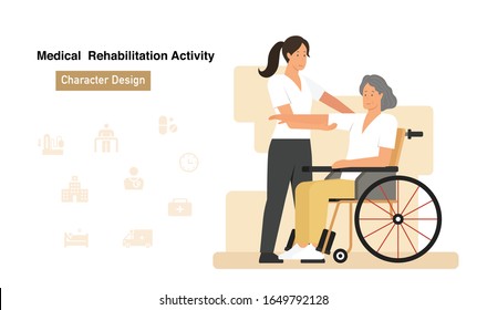 Female Occupational Therapist With Patient In Wheelchair, Stretching Arm Cartoon Character Design