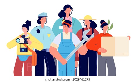 Female occupations. Women professional group, doctor, police, delivery girl. Cute cartoon people portrait, vector illustration