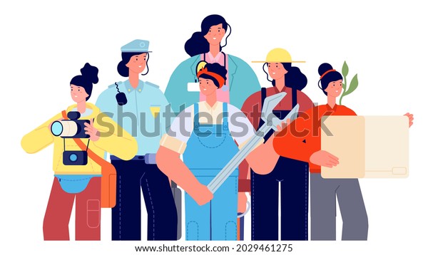 Female occupations. Women professional\
group, doctor, police, delivery girl. Cute cartoon people portrait,\
vector illustration