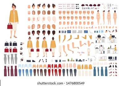 Female office assistant avatar set or DIY kit. Bundle of woman's body parts, gestures, poses, formal clothes isolated on white background. Front, side and back views. Flat cartoon vector illustration.