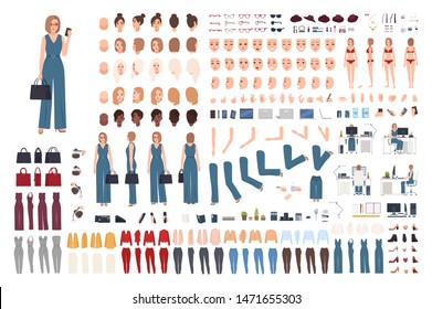 Female office assistant DIY set or creation kit. Bundle of woman's body parts, gestures, postures, clothes isolated on white background. Front, side and back views. Cartoon vector illustration.