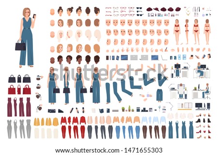 Female office assistant DIY set or creation kit. Bundle of woman's body parts, gestures, postures, clothes isolated on white background. Front, side and back views. Cartoon vector illustration.