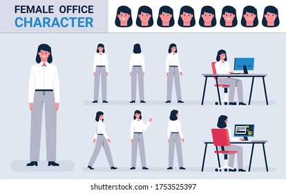 Female office character. Business woman in 8 poses, desktop and heads