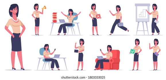 Female office character. Businesswoman finance worker, professional business employee, success female office team worker vector illustration set. Businesswoman and female person at computer