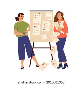 Female office characters. Task board, women with lists. Failed work deadline, bad teamwork vector concept