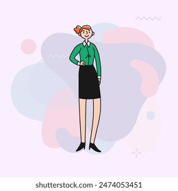 Mujer empleada de oficina. Mujer joven positiva en ropa formal de pie en la Ilustración vectorial plana de la oficina. Negocio, ocupación, concepto de trabajo para Anuncio, diseño de Sitio web o página de destino