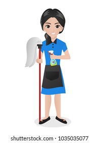 Female Office Girl Holding Mop and Spray / Sprayer