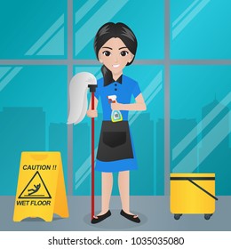 Female Office Girl Holding Mop and Spray / Sprayer