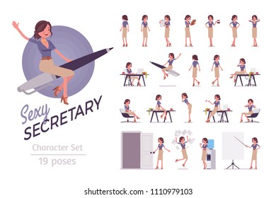 Female Office Sexy Secretary Ready-to-use Character Set. Attractive Woman Assisting In Paper Work, Managing Business Documents, Doing Multiple Tasks. Full Length, Different Views, Gestures, Emotions