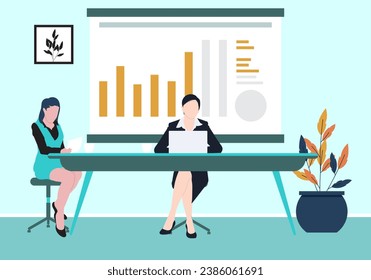 female office staff are presenting, explaining company graphics, career women are presenting, other staff are moderating