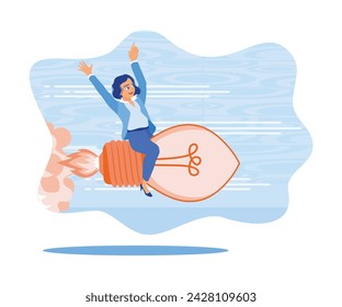 Personal femenino de oficina montado en un cohete de bombilla. Haz que los sueños se hagan realidad. Empresario sosteniendo el concepto del cohete. Ilustración vectorial plana.