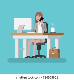 Female office worker, businesswoman sitting at workplace and talking cellphone flat vector illustration. Office table with computer, coffee mug.