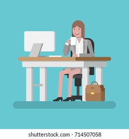 Female office worker, businesswoman sitting at workplace and drinking coffee  flat vector illustration. Office interior with desk, computer, coffee mug, suitcase.