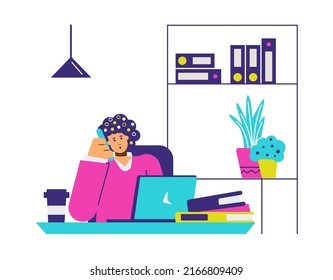 Female office worker calling on the phone, telephone meeting, flat vector illustration isolated on white background. Outsourcing employee working in the office or remotely at home.