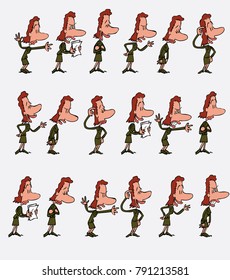 Female office worker character in a set with 18 variations. The character is angry, sad, happy,  Vector illustration to isolated and funny cartoons characters.
