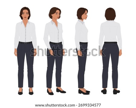 Female office worker character set in formal shirt and trousers, 2D vector business illustration for corporate, presentation, and branding use