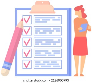 Female Office Worker Check Checklist Mark Completion Of Tasks And Plans. Girl With Pen And Clipboard. To Do List Concept. Sociological Or Business Survey, Questionnaire, Self-control And Discipline