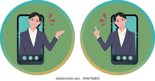 Female office worker coming out of a smartphone