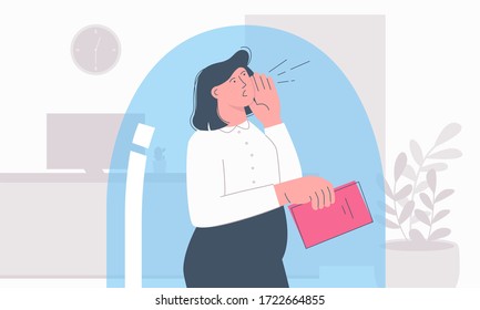 Female Office Worker Crying For Help And Fair Attitude Inside Of Glass. Glass Ceiling Concept.