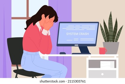 Female Office Worker Crying On Error System Crash. Upset Employee Having App Failure, Careless Working Mistake, Depressed Woman At Workstation Cartoon Vector Illustration