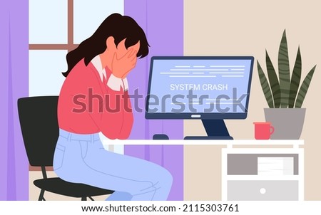 Female office worker crying on error system crash. Upset employee having app failure, careless working mistake, depressed woman at workstation cartoon vector illustration