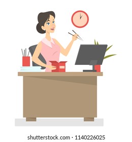 Female office worker eating lunch at work. Chinese noodle for dinner. A break at work. Isolated vector illustration in cartoon style