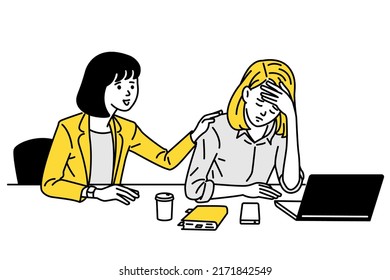 Female office worker embracing and supporting each other when she feel sad, upset, sick or unwell. Outline, linear, thin line art, hand drawn sketch, cute character design.