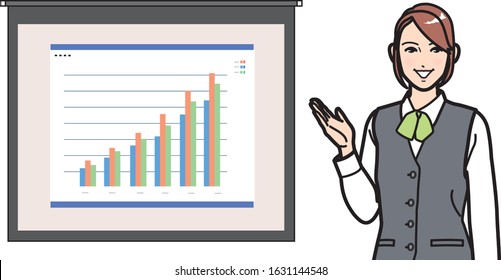 A female office worker explains with a graph.