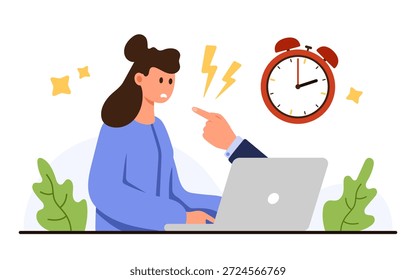 Trabajadora de oficina sintiéndose estresada por la presión de la fecha límite y la crítica del jefe en el concepto de lugar de trabajo por la ansiedad por agotamiento, el estrés del negocio de salud mental aislado en la Ilustración vectorial de fondo blanco