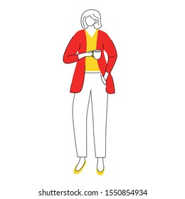Female office worker flat contour vector illustration. Stylish business lady, elegant ceo. Employee during break. Woman in formal clothes with cup of coffee isolated faceless cartoon character
