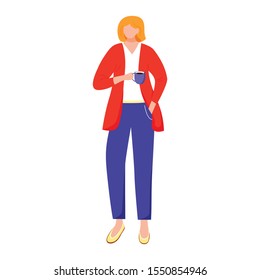 Female office worker flat vector illustration. Employee during break. Elegant business lady. Woman in formal clothes with cup of coffee isolated faceless cartoon character on white background
