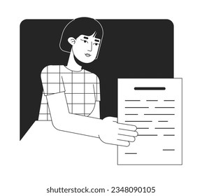Trabajadora de oficina que da carácter de vector blanco negro de línea plana de documento. Media persona del cuerpo del contorno editable. Señora entregando papel simple caricatura aislada ilustración puntual para diseño gráfico web